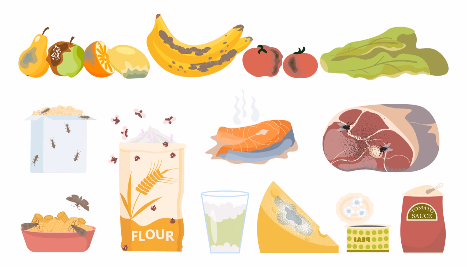 Fruits, légumes et denrées alimentaires qui pourrissent après avoir dépassé leur date de péremption.